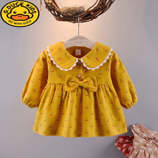 G.duck baby girls long-sleeved dress 2026 spring baby girl pure cotton 0 to 1-2 years old doll collar princess dress Korean version pink bow cherry skirt 73 cm