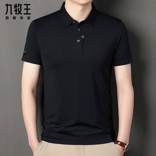 Jiumuwang Herren-Sommer-Kurzarm-T-Shirt aus Maulbeerseide, nahtloses Poloshirt, Herren-Revers, halbärmelig, lässig, mittleres Alter, Papakleidung, 3527 % 23, Schwarz, S 165/84 A, empfohlenes Gewicht 95–105. Jin Jin entspricht 0,5 kg