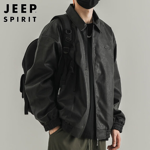 Jeep Spirit Jeep Retro Chaqueta de cuero Retro Spring y Autumn Flying Leater Chaqueta American Motorcycle Traje Black XL