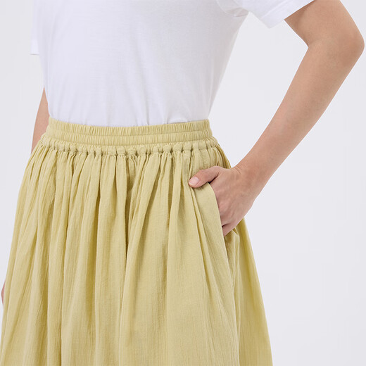无印良品（MUJI）女式 强捻抽褶裙 长半身裙女夏季款裙子25年新品女装纯棉BE1VCC5S 黄色 M (160/66A)