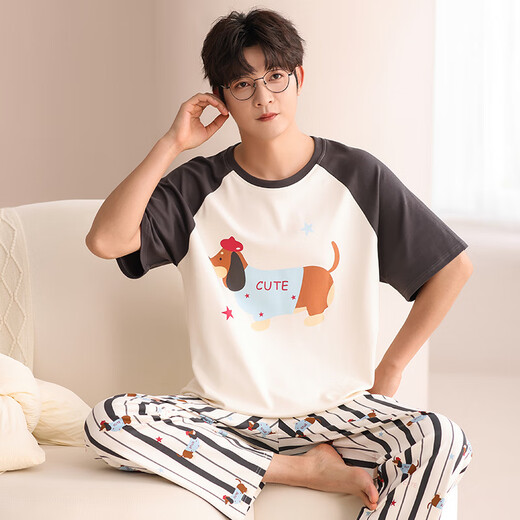 Langsha Pajamas Men Summer Algodón puro Pantalones de manga corta Traje de cuello redondo casual Floja de verano Summer Ropa de verano 833 Hombres l