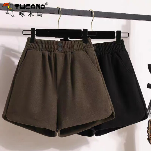 Woodpecker Small Woolen Shorts Women's Autumn and Winter Plus Size Outerwear High Waist A-Line Boot Pants Brown Slim Casual Pants Black XL Recommended 115-130 Jin Jin equals 0.5 kg