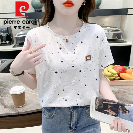 Pierre Cardin reines Baumwolldruck-T-Shirt für Frauen kurzärmeliger Sommer 2025 Neues lose Druckdesign VERSATILE T-Shirt Top Trend 1396 Weiß + 2503 Große Buchstaben M für 100-109jin [Jin entsprechen 0,5 kg]