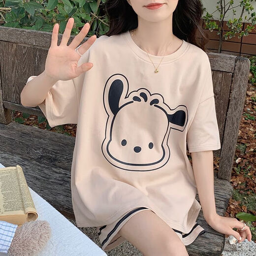 慕枫晴夏季睡衣女短袖短裤套装卡通薄胖MM加大码宽松可外穿睡衣 694卡皮巴拉+698粉小熊 M 【建议80-98斤】