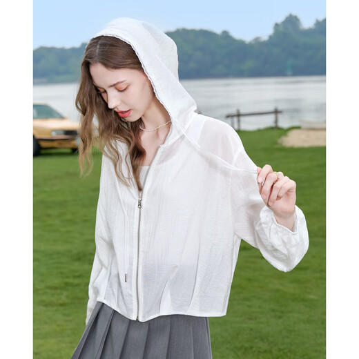 
Baitu betu women's clothing 2025 summer new short jacket fashionable versatile lace hooded thin jacket for women 2507T35 beige M
