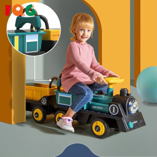 IQG品牌儿童电动车四轮遥控汽车男孩小孩宝宝玩具车小火车玩具 电动款-蓝色火车头+1节蓝色车厢