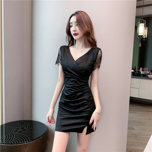 冉艺岚同款黑色气质紧身领连衣裙新款足疗足浴工服水疗技师性感包臀短裙 3897黑色 S 建议80-95斤