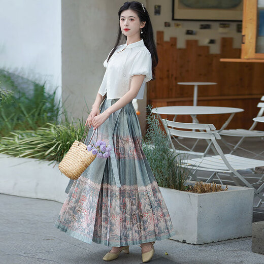 迪贯汉服中国风女成年高端套装夏新中式改良古装百褶马面裙的搭配上衣 12173绿色印花马面裙 L