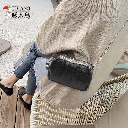 啄木鸟（TUCANO）包包女包新款2025时尚软皮手拿包女气质百搭单肩斜挎小包纯皮手包 黑色大号