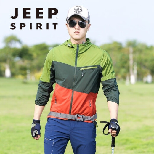 JEEP SPIRIT outdoor color matching sun protection clothing men's summer skin clothing breathable men's sun protection clothing jacket fishing skin windbreaker green XL