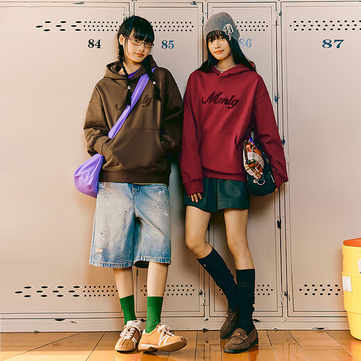 MMLG美式复古连帽卫衣女男2025年秋季新款宽松百搭毛巾绣情侣休闲外套 砖红色 S