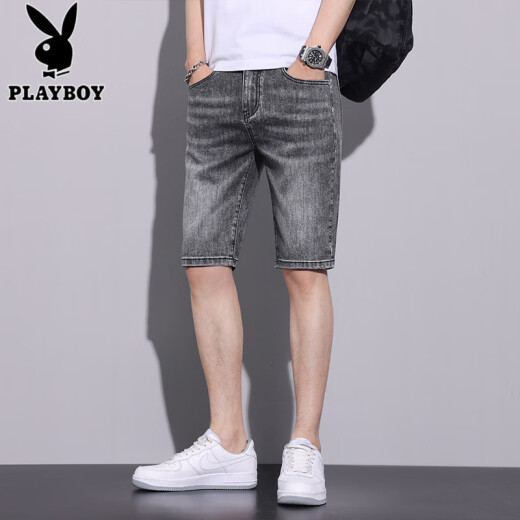 Playboy (Playboy) Pantalones cortos de mezclilla de alta gama de alta gama Menora delgada de lavado de alambre de tendencia de cinco puntos de moda versátil elástica de mediano tamaño mediano Men 867-1 Black Grey 28 (2 pies 1)