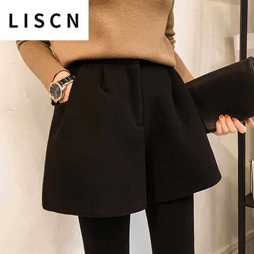LISCN2023 new autumn and winter woolen shorts women's high-waisted A-line wide-leg pants slimming leggings boot pants black L