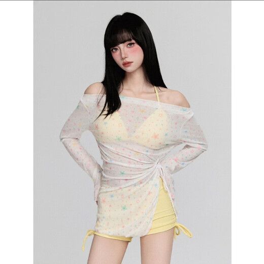 Bai Qixin swimsuit women's split high-end long-sleeved seaside vacation three-piece cover-up to cover the belly and look slim pure sexy sexy swimsuit summer tender yellow star three-piece suit one size fits all 70-120Jin Jin is equal to 0.5 kg