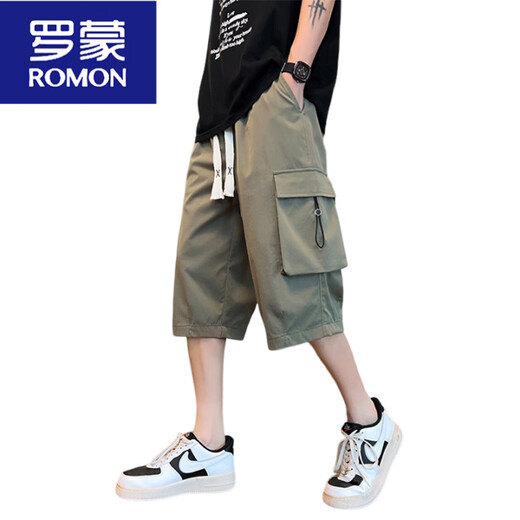 罗蒙（ROMON）军绿色工装短裤男夏季冰丝凉感七分裤子男潮牌宽松休闲哈伦运动裤 679军绿 M 约90-120斤可穿