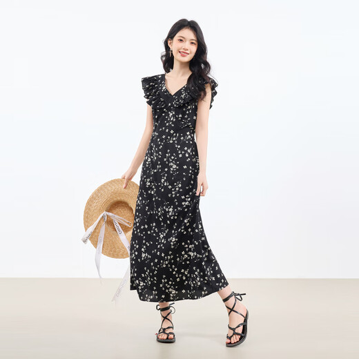 秋水伊人优雅气质V领碎花裙2025年夏季新款女百搭荷叶边袖连衣裙 黑色 M