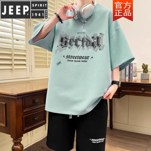 Jeep Spirit Teen Sportanzug Fat Boy 12-15 Jahre alte Schüler der Junior High School Kurzärärmelte T-Shirt 13 Trendy hübscher großer Sommeranzug TZ6630 Schwarz [kurze Ärmel + Shorts] l [105-120jin [Jin gleich 0,5 kg]]