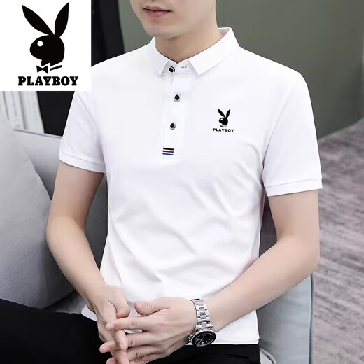 Playboy Pure Cotton Kurzärärmelte T-Shirt im Sommer neuer Stil ohne heißes Revers atmungsaktives und vielseitiges, dünnes, halbärmeliges oberes Polo-Hemd 844 Weiß 4xl empfohlen 170-192jin [Jin ist 0,5 kg]