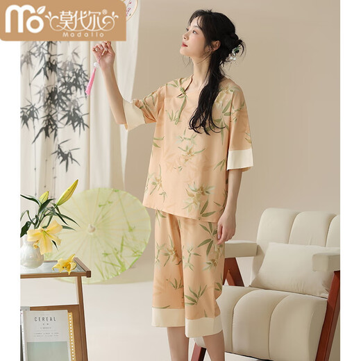 
Modal summer new women's short-sleeved pajamas set cotton new Chinese style thin home clothes can be worn outside for cropped pants summer LZY9901 2XL (recommended 130-145 Jin [Jin equals 0.5 kg])