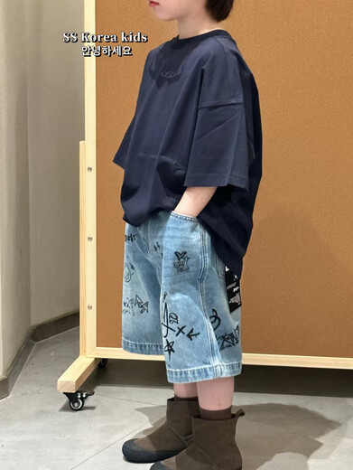 MOKITOULSS品牌童装帅气涂鸦牛仔裤五分裤2025新款儿童裤子女童短裤时髦 蓝色（高端礼盒包装） 100 cm