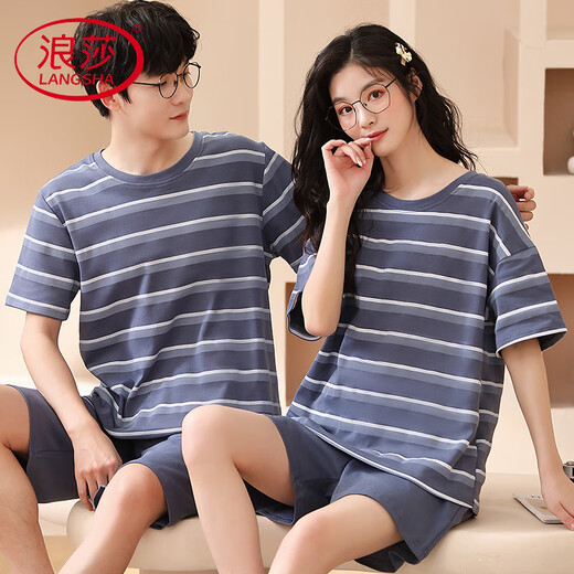 Langsha Light Luxury Summer Pare Pajamas Pure Cotton Shorts Shorts Cartoon Set Summer Мужчины и женщины сладкий повседневный домашний костюм светло-серый коротки