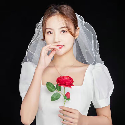 
Shantou Lincun veil and get a pearl bride Korean style pearl wedding dress wedding short face covering small veil white wedding shot Title page pearl veil