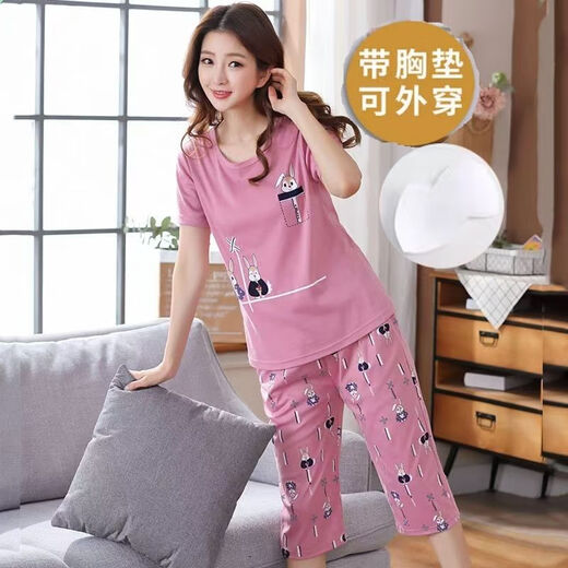 檬纤睡衣女夏季带胸垫一体女士短袖棉七分裤套装韩版可爱网红家居服 带胸垫679巴比熊短丶袖七分裤 M 75-95斤左右