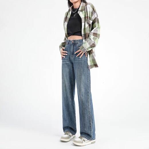 Pantalon large et étroit à taille haute 2025 Spring and Summer Nouveaux jeans droits décontractés simples et polyvalents # 9905 Nostalgic Blue régulier L (recommandé 110-125Jin [Jin est égal à 0,5 kg]))