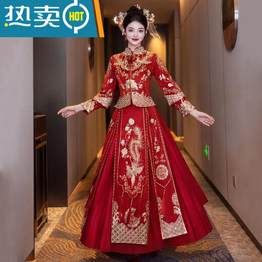 
Shantoulin Village wedding dress, phoenix crown, robe and couple Xiuhe clothes 2025 bride wedding toast clothes, small wedding dress, Chinese wedding dress, Fenglaiyi pleats, diamonds and red beads, S Recommended 100-120 Jin [Jin equals 0.5 kg]