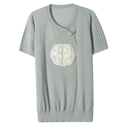 KuZHANG (KUZHANG) middle-aged and elderly women's summer clothing new Chinese knitted shirt fashionable short-sleeved T-shirt mother summer ice silk top set 9922 light powder M Recommended 85-100Jin [Jin equals 0.5 kg]