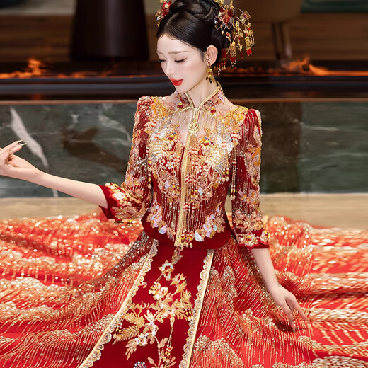 枝己秀禾服婚纱新娘主纱高档2025新款订婚服装新中式结婚礼服敬酒服 HF063 S