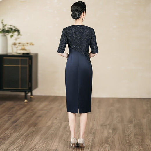 高贵喜婆婆婚宴装晚礼服旗袍春小个子婚礼妈妈日常可穿连衣裙 藏蓝色9764 收藏加购优先发货 2XL 115斤-125斤