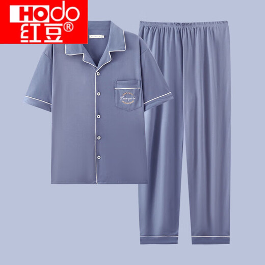 红豆（Hodo）官网方舰店旗官网夏季男士睡衣纯棉薄款短袖青少年夏天加大码休闲 g3881蓝色-短袖长裤 L  建议100-120斤