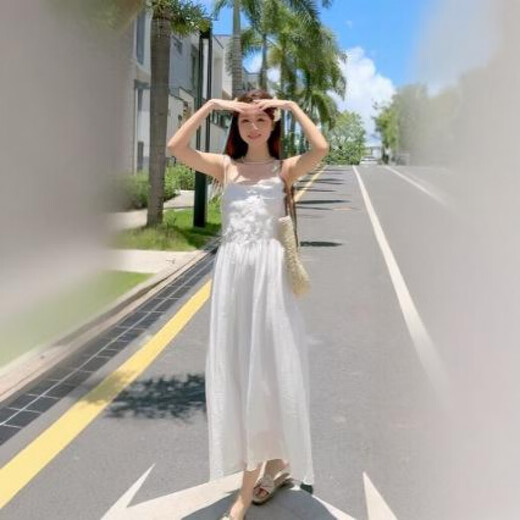 永恒都市复古法式气质立体贴花吊带小个子女清凉感连衣裙夏 9906#白色 均码