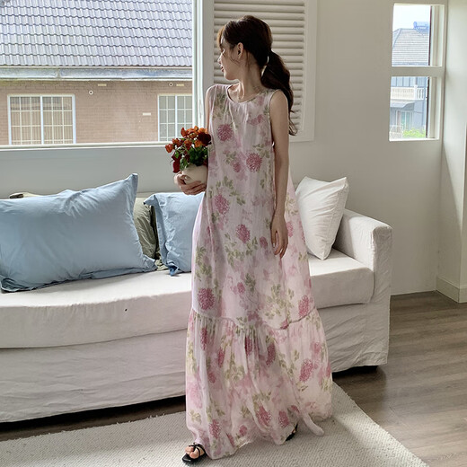 猫人（MiiOW）无袖睡裙女款2025新款纯棉绸夏季背心加长款到脚踝长裙性感家居裙 8002无袖裙蓝色花朵缩水大 均码 F裙长12590-150斤