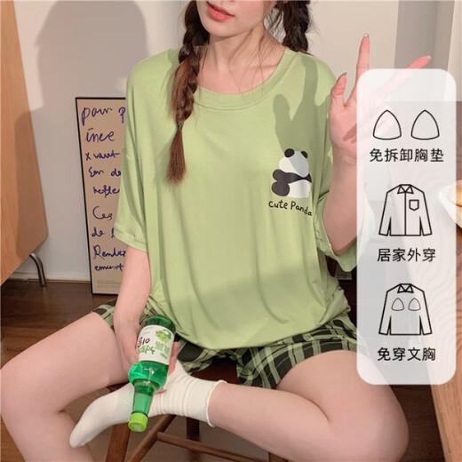 UKUHPK pajamas for women in summer modal short sleeve shorts belt chest pad thin home clothes pullover sweet casual suit wear hds-1478# XL