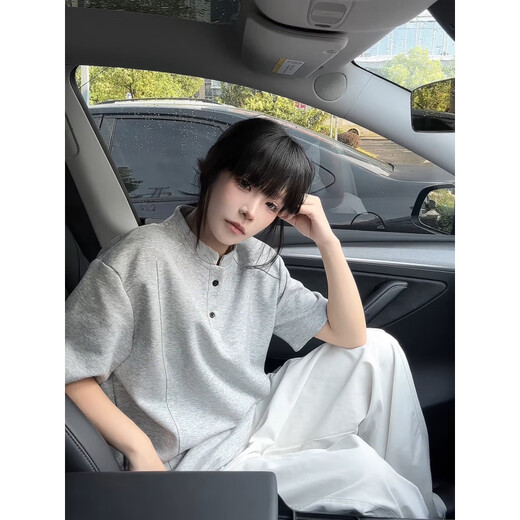 Shelley Jones Gray Henley Collar Right Shoulder Short Sleeve Polo Shirt Men's Summer American Retro High Street T-Shirt Heavy Splicing Half Sleeve Light Gray 2XL Recommended 140-160Jin Jin equals 0.5 kg