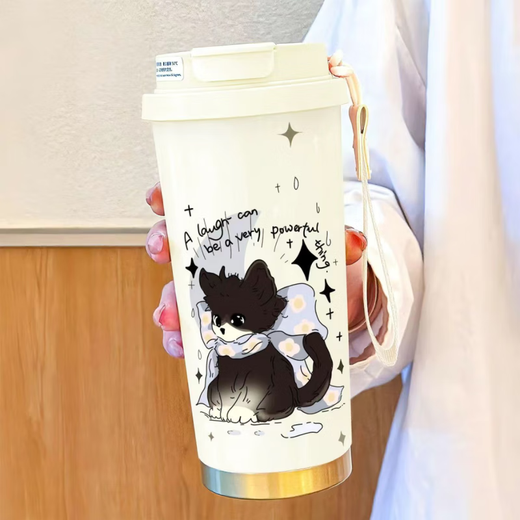 SUPOR taza termo para mujeres con buena apariencia 2025 nuevo cachorro feliz taza de café especial para estudiantes de acero inoxidable portátil DX1047 gato de tinta de arco + con cordón de acero inoxidable 316
