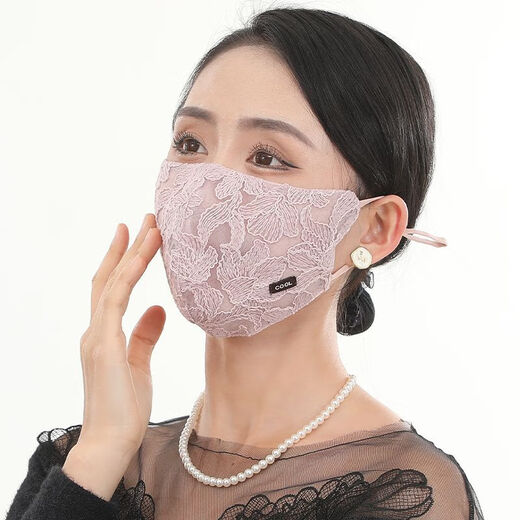 山头林村蕾丝口罩防晒立体显瘦夏季薄款清凉夏天v型时尚透气非常漂亮 浮动立体花卉-T1047粉