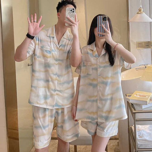 Strickjackenpaar Pyjama für Frauen Sommerklimaanlage Kleidung für Männer Baumwolle Hauskleidung für Männer Baumwollseide Männer können kurzärmelige Baumwollanzug Dünn 9902 Krawatten-Dye Amber L tragen