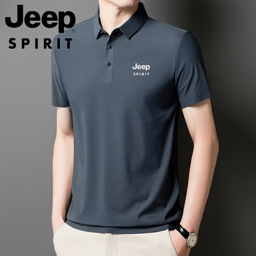 JEEP SPIRIT2025 new POLO shirt for men ice silk short-sleeved T-shirt summer lapel anti-wrinkle business casual middle-aged and elderly half-sleeved Jeep12358 ice silk POLO shirt/obsidian black 4XL [180-200Jin [Jin equals 0.5 kg]]