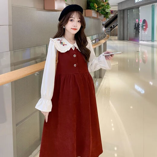 Maternity dress spring and autumn new design sense maternity wear loose doll collar shirt + vest sweet age-reducing trend red two-piece set L