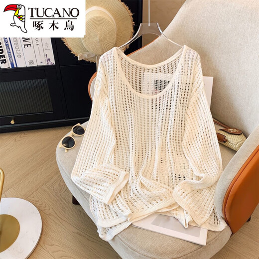 Pic en laine creux du pic pour femmes en été Nouveaux chemisiers solaires de couvre-chair lâche paresseux Design de cou rond long à manches longues blanches 75-99jin [Jin est égal à 0,5 kg]