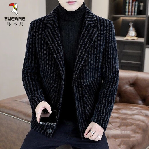 
Woodpecker (TUCANO) 2025 Autumn and Winter Woolen Suit Lone Jacket Top Men's Korean Style Handsome Young Vertical Striped Tweed Jacket Trendy Gray M [90-110Jin [Jin equals 0.5 kg]]