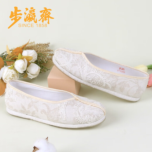 步瀛斋新款老北京布鞋女休闲鞋千层底古风汉服鞋子新中式提花单鞋 白色 35