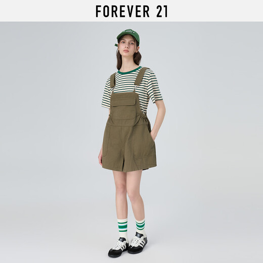 FOREVER21 Overalls Women's 2025 Summer New Simple Loose One-piece Casual Shorts Women Green L