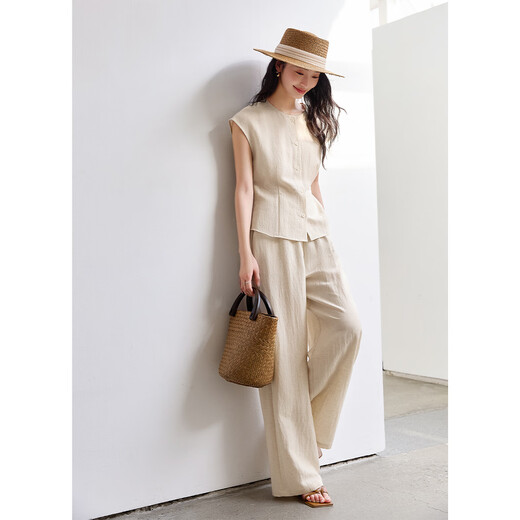 
Vanchiman high-end old-fashioned linen suit for women's summer new sleeveless tops and pants set apricot color L