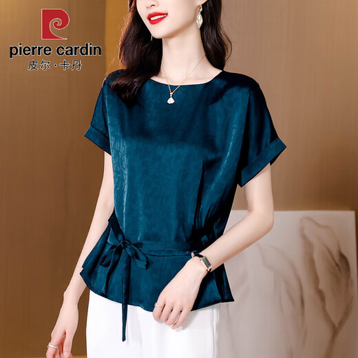 Kuzhang (Kuzhang) Jacquard Ice Seidenhemd für Frauen kurzärmelige Design-Nische und einzigartiges Top für Sommerkleidung für Frauenmodische äußeres Hemd Dunkelgrün 7027# M 95-114jin [Jin gleich 0,5 kg]