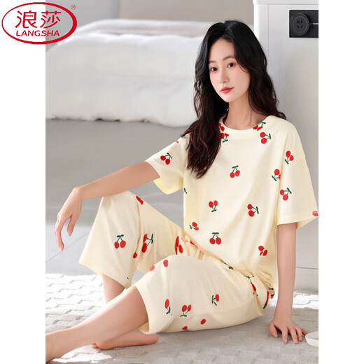 浪莎（LangSha）睡衣女夏季2025年新款短袖七分裤套装夏天女士中年妈妈宽松家居服 短袖七分裤-679 M 建议80-100斤