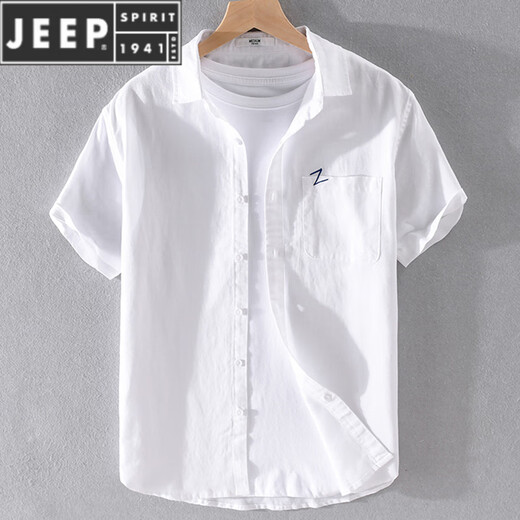 JEEP SPIRIT亚麻短袖衬衫男士夏季2025新款休闲棉麻大码白色薄款衬衣男款 9711蓝色 M 【100-110斤】
